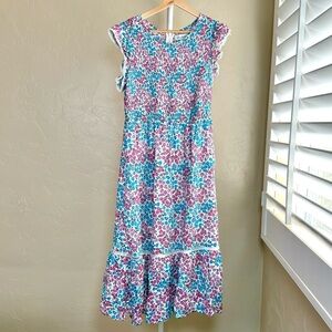 Women’s Lost + Wander Smocked Floral Midi Dress Medium Blue and Pink